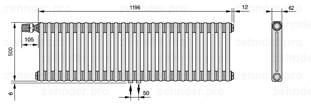 Схема (чертеж) Радиатор Zehnder Charleston 2050/26 №V007 Белый глянцевый RAL 9016